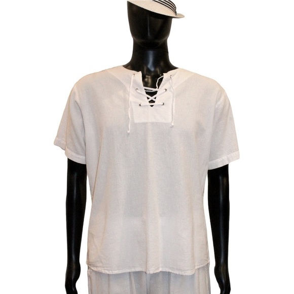 MEN’S RESORT STYLE PERUVIAN COTTON SHORT SLEEVE SHIRT LACE FRONT WHITE SZ MEDIUM - Picture 3 of 10